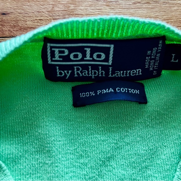 Polo Ralph Lauren Men's Large Bright Green Pima Cotton V-Neck Sweater - Picture 3 of 8